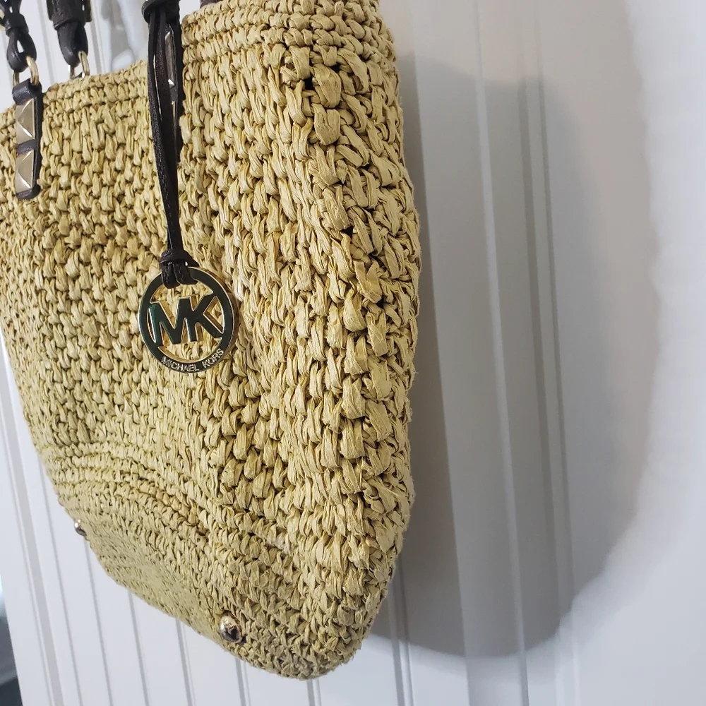 Michael Michael Kors Vintage Large Woven Straw Leather Handbag Satchel Tote - Picture 9 of 15